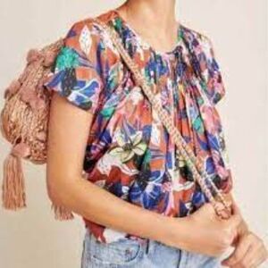 Anthropologie Dolon Rust Floral Brown Tones Left Coast Collection Pleats Top S